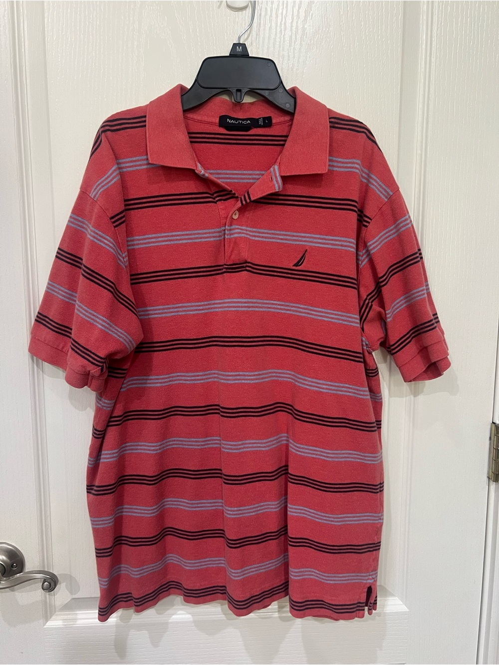 Nautica Men’s Coral Red Striped Polo with Navy & Light Blue Bands